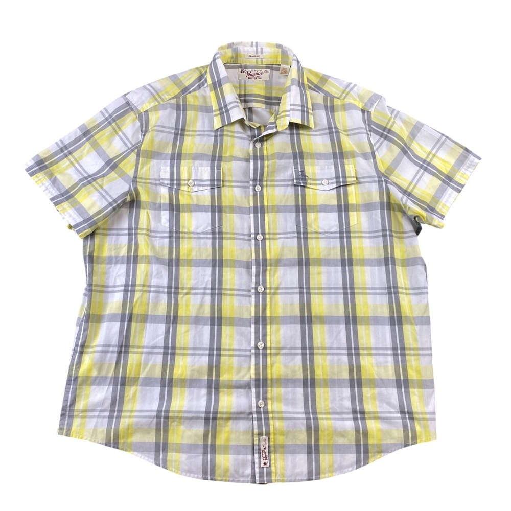 Original Penguin Shirt Mens XXL Yellow Gray Plaid Short Sleeve Classic Fit